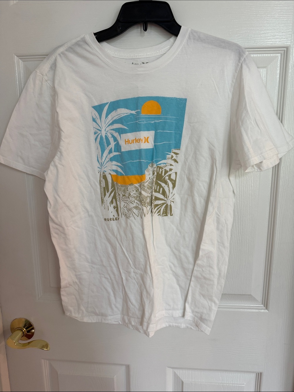 Hurley White Tropical Graphic Short Sleeve Tee with Blue and Yellow Print